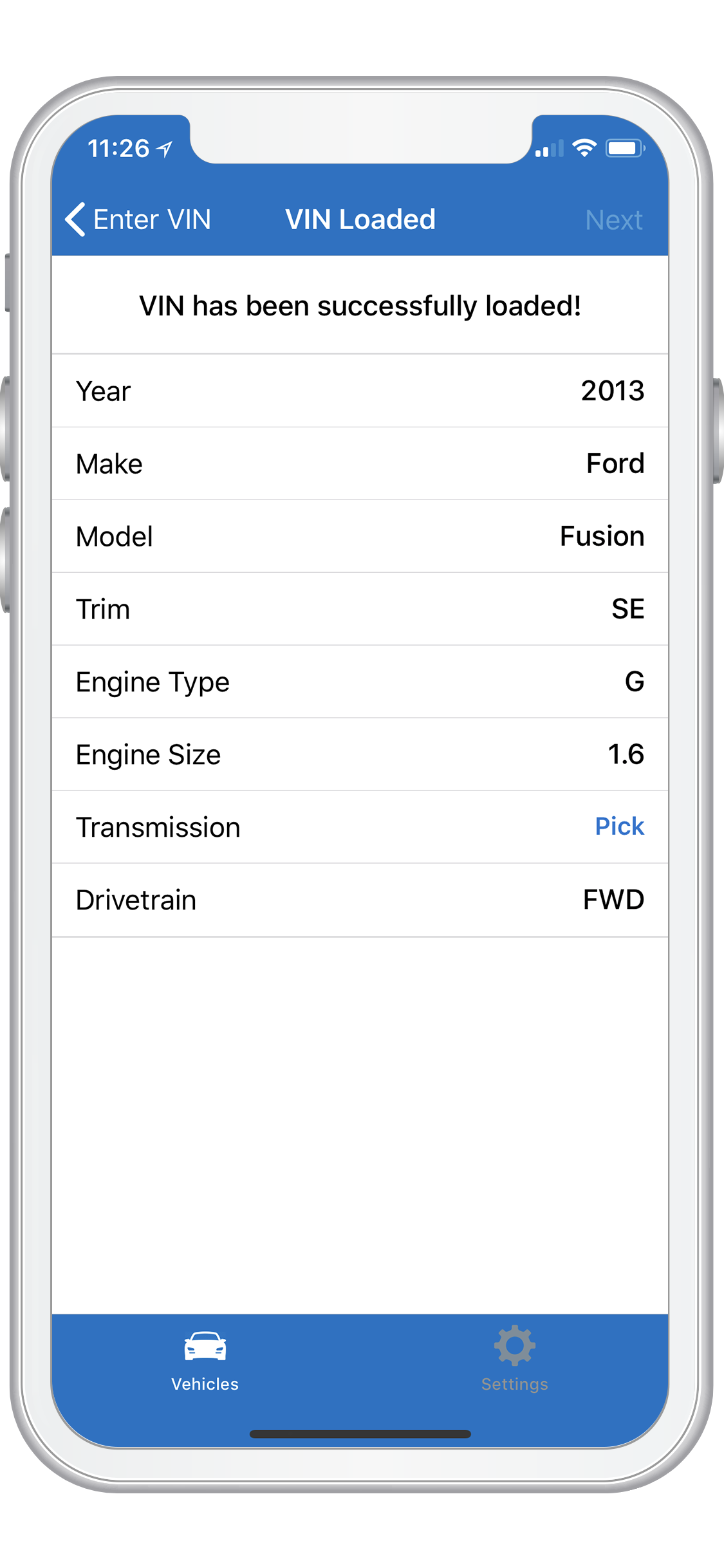 Vidbid VIN loaded screen