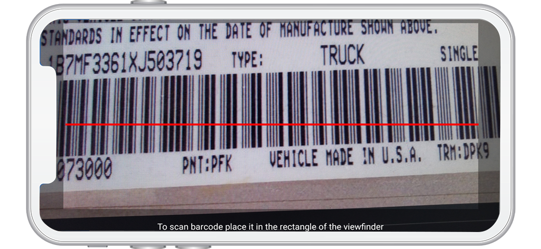 VIN barcode viewed on a phone screen