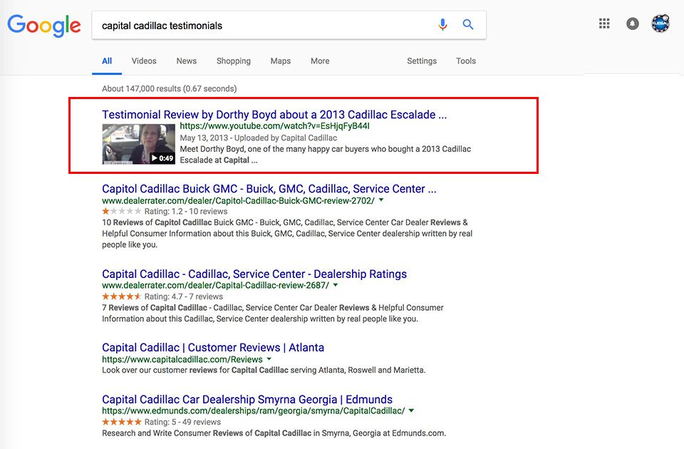 Testimonial video Google search results