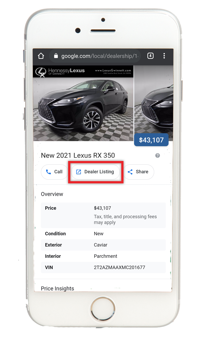 Example of Google My Business cars for sale 
