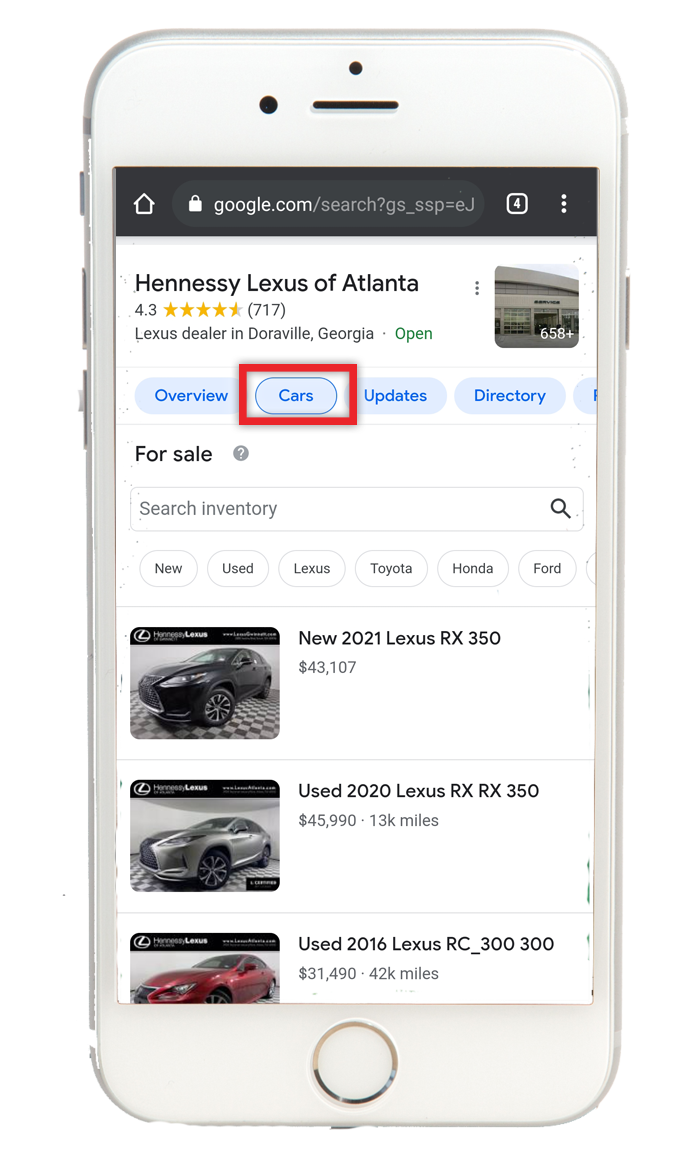 Example of Google My Business cars for sale 